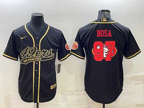 Men%27s San Francisco 49ers #97 Nick Bosa Black Gold Team Big Logo With Patch Cool Base Stitched Baseball Jersey